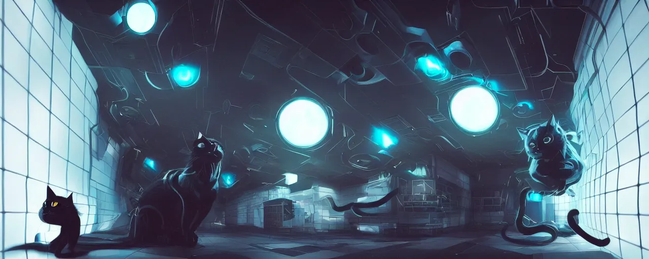 Image similar to duotone noir scifi concept illustration of black cat inside box zero gravity glowing 3 d mesh quantum portals, glowing eyes, octane render, surreal atmosphere, volumentric lighting. accidental renaissance. by sachin teng and sergey kolesov and ruan jia and heng z. graffiti art, scifi, fantasy, hyper detailed. trending on artstation