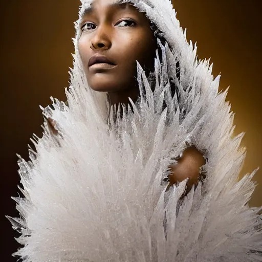 Prompt: full shot of a regal brown - skinned woman wearing an intricate armor made of many layers of ice. no makeup!! freckles!! haunting eyes. vulnerable. fragile. ethereal. elaborate. ice caves. glaciers. refracted light. extremely soft lighting. textures. delicate. translucent. by ray cesar. by louise dahl - wolfe. by andrea kowch. surreal photography.