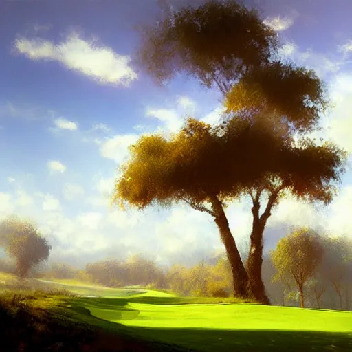 Image similar to beautiful lush golf course, big fluffy clouds, landscape, nature, craig mullins