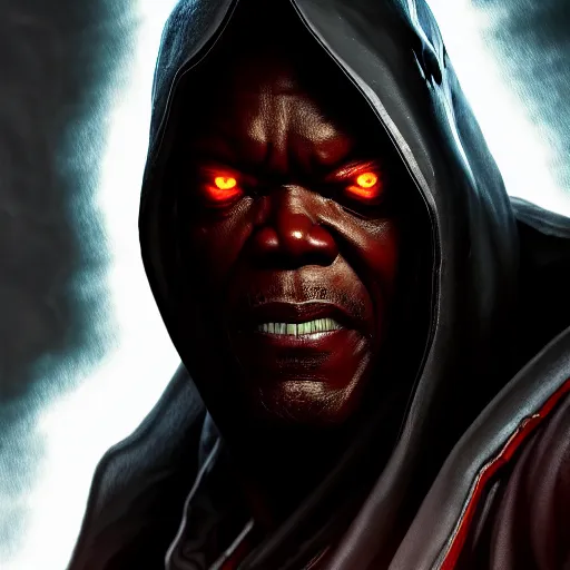 Prompt: Portrait of Samuel L. Jackson as Spawn from Mortal Kombat 11, anger, mystery, fear, highly detailed, ominous vibe, smoke, octane render, cgsociety, artstation, trending on ArtStation, by Travis Sergio Diaz