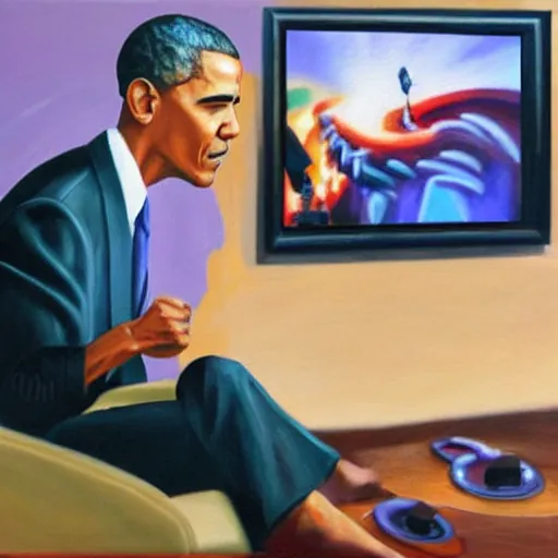 Prompt: oil on canvas, Barack Obama playing Super Smash Bros. Melee on Gamecube