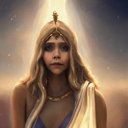 Image similar to Elisabeth Olsen as a Greek goddess, attractive, fantasy, beautiful, magical energy, artstation