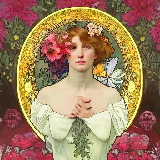 Prompt: a Masterpieces portrait of trump covered in flowers radiates holy light in the church in the style of Alphonse Mucha,Gustave Doré style,oil on canvas