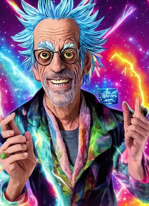 Image similar to Christopher Lloyd as Rick Sanchez by Noriyoshi Ohrai and Lisa Frank