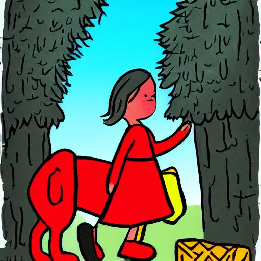 Prompt: girl carrying a large garbage bag while following clifford the big red dog, illustration,