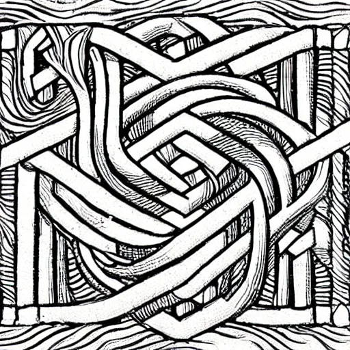 Prompt: an ornate illustration in the style of mandalic escher, showing a geometric knot in a wheat field