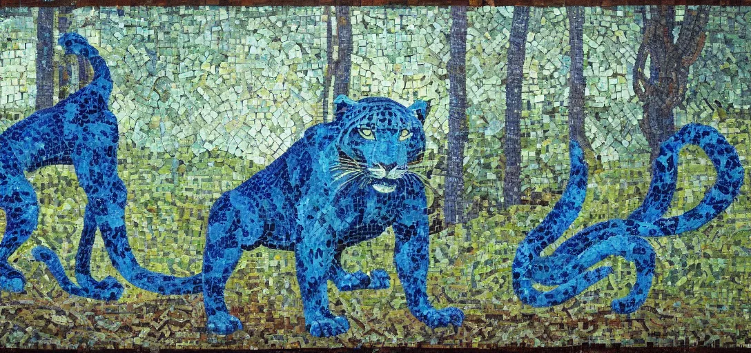 Image similar to impressionistic mosaic of the god of nature, the blue panther