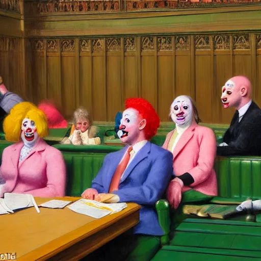 Image similar to a highly detailed beautiful portrait close up hyper realistic photograph of british members of parliament in the house of commons wearing pastel coloured clown costumes with pleasant oversized joyful faces, they are smoking. without visible brushstrokes but in the style of edward hopper, richard hamilton. concept art. green leather benches. photographic. concept. crisp. no artefacts. desaturated. high fidelity facial portrait. 8 k