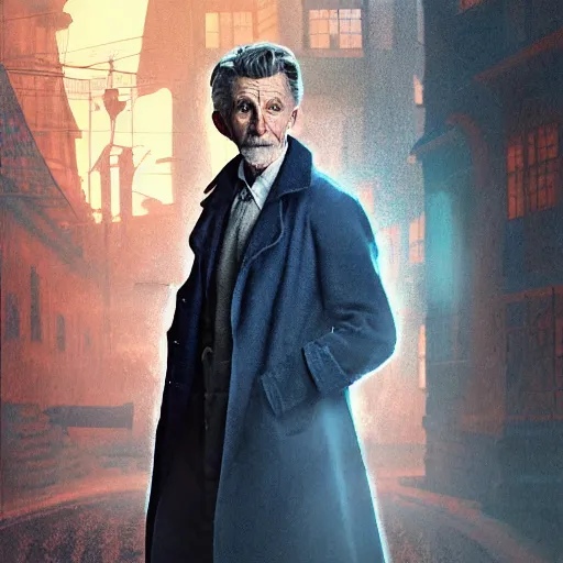 Image similar to tom holland as a rough dirty old man with a scruffy beard in a dark blue trenchcoat as the new doctor who, cinematic, volumetric lighting, f 8 aperture, cinematic eastman 5 3 8 4 film, photorealistic by greg rutkowski, by stanley artgerm, by alphonse mucha