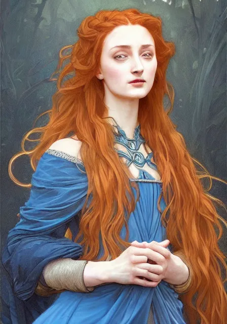 Prompt: sansa stark in blue dress with long hair, intricate, elegant, highly detailed, digital painting, artstation, concept art, smooth, sharp focus, illustration, art by artgerm and greg rutkowski and alphonse mucha and william - adolphe bouguereau