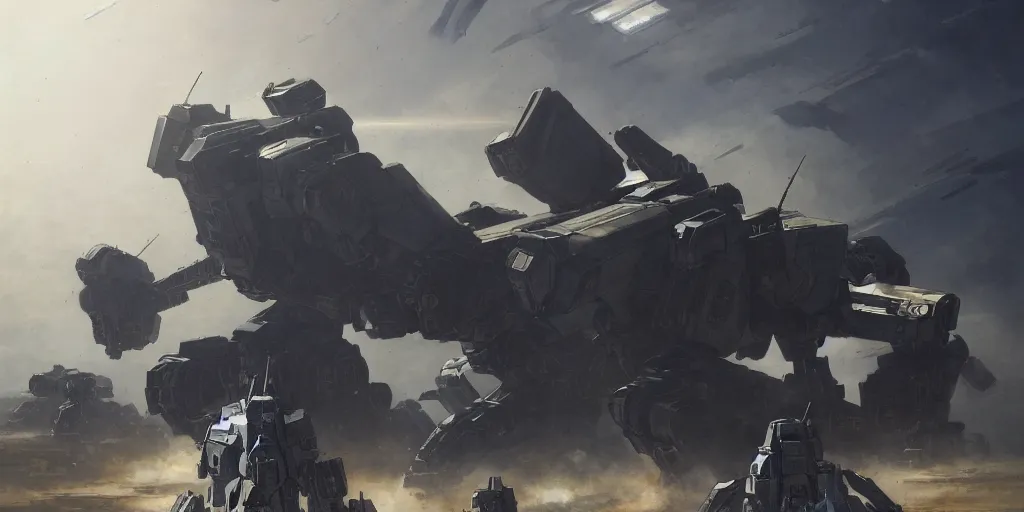 Image similar to an armored core on the ground, booster, legs, laser rifles, clouds, daylight ; detailed illustrations, pastel tones, deep colors, clear lines, by jordan grimme, greg rutkowski