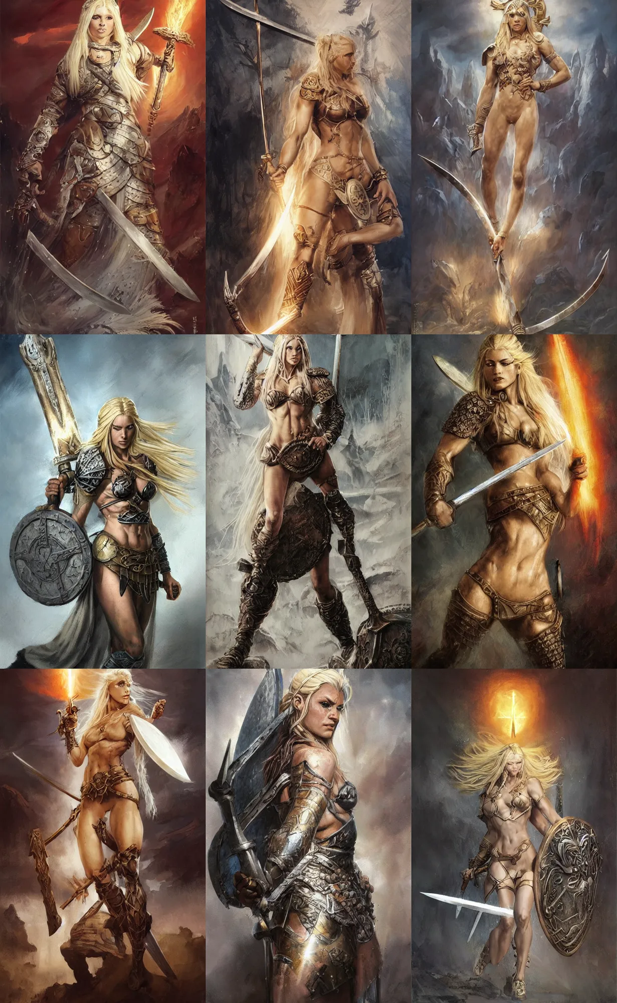 Image similar to A mixed media painting of the beautiful blonde viking goddess of war with a lightning sword, very aesthetic, detailed face, by Frank Frazetta, Greg Rutkowski, Boris Vallejo, Beeple, Christian MacNevin, epic fantasy character art, goddess of anger, viking runes, high fantasy, CGsociety, full length, exquisite detail, post-processing, low angle, masterpiece, cinematic, odin's stone arena background