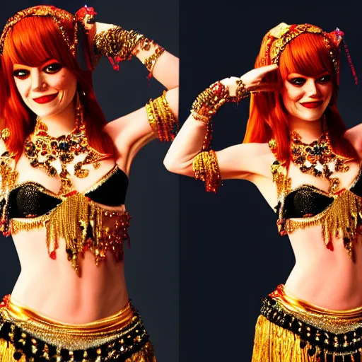 Prompt: a portrait of emma stone dressed as a belly dancer, arabian night, high quality, fully detailed, 4 k, in focus face with fine details, realistic hand details and anatomy