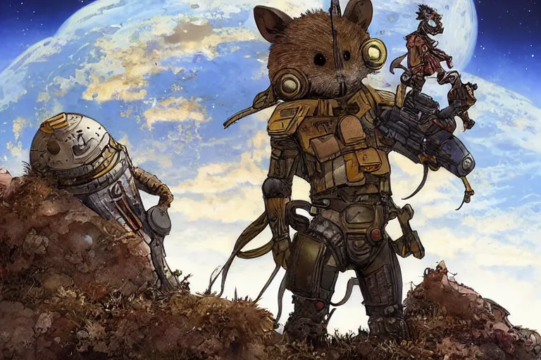 Image similar to a battle ready anthropomorphic rodent with baroque tactical gear on an abandonment otherworldly planet, high intricate details, long shot, rule of thirds, golden ratio, graphic novel by fiona staples and dustin nguyen, by beaststars and orange, peter elson, alan bean, studio ghibli, makoto shinkai