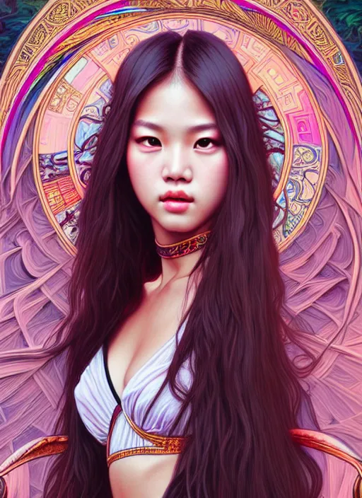 Image similar to jennie manoban of blackpink, tarot card, highly detailed, digital painting, smooth, sharp focus, illustration, ultra realistic, 8 k, art by artgerm and alphonse mucha