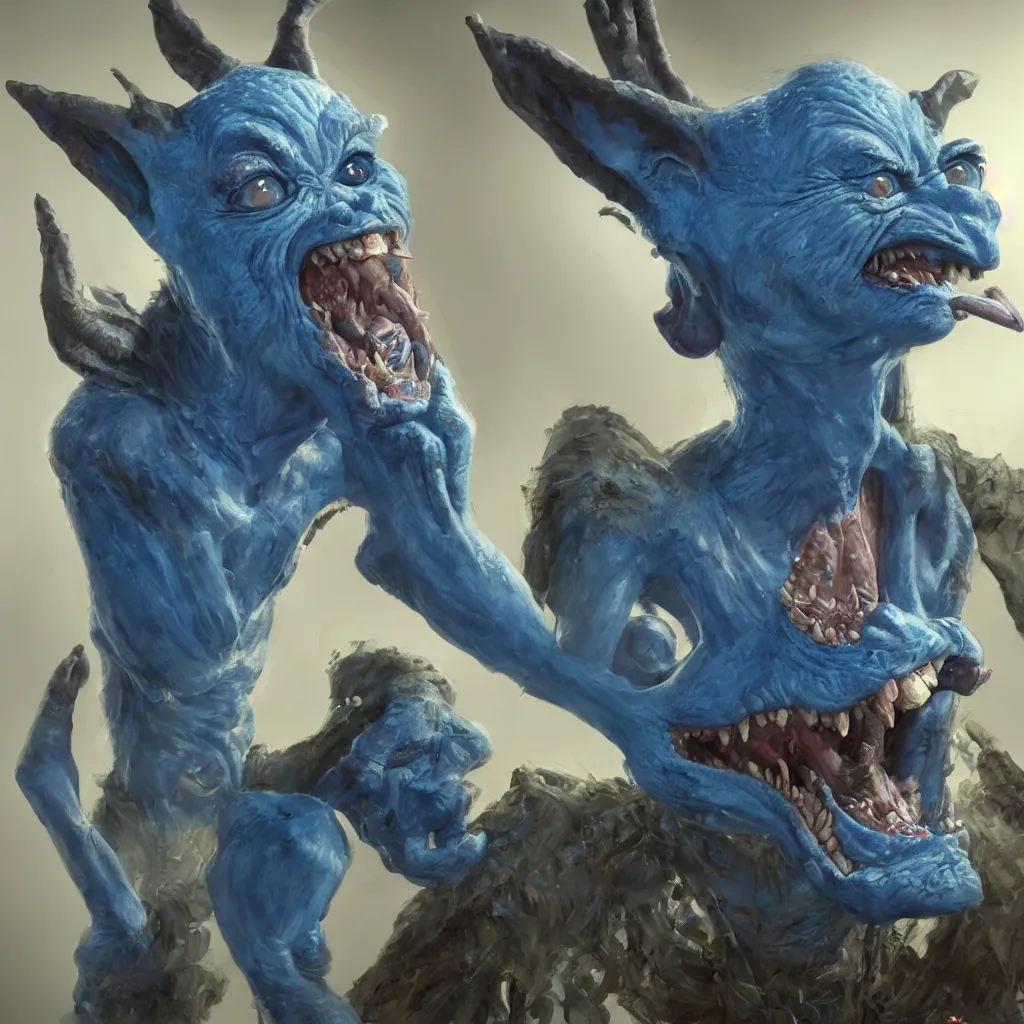 Prompt: a beautiful portrait of a happy blue goblin creature with a paint brush by james gurney | unreal engine :. 3