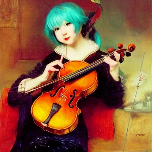 Prompt: hatsune miku playing violin by rembrandt and konstantin razumov, psychedelic, vibrant colors