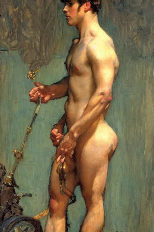 Image similar to attractive male, painting by gaston bussiere, j. c. leyendecker