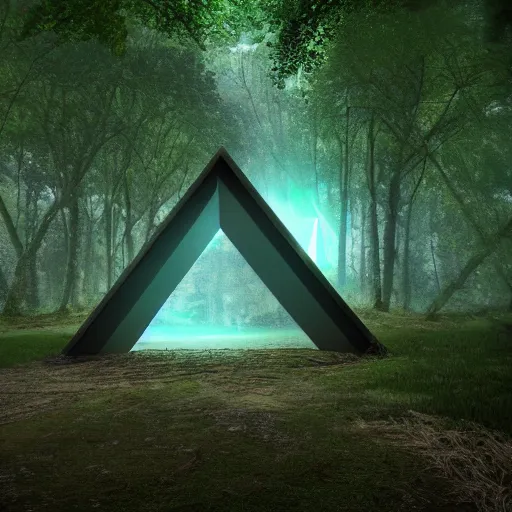 Prompt: a portal in the forest in the shape of a triangle that leads to a psychedelic vapor wave alternate universe, 8k, trees, path