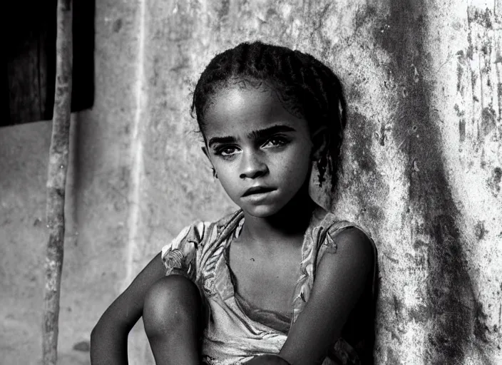 Prompt: professional fine detailed photo portrait of young black emma watson from zanzibar, africa. kid emma watson in the african suburbia, iphone photo, instagram, black and white - - cfg _ scale 7