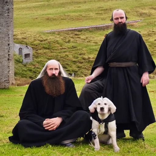Prompt: photo of breton monks looking like rasputin with with athos monks on athos, with a dog