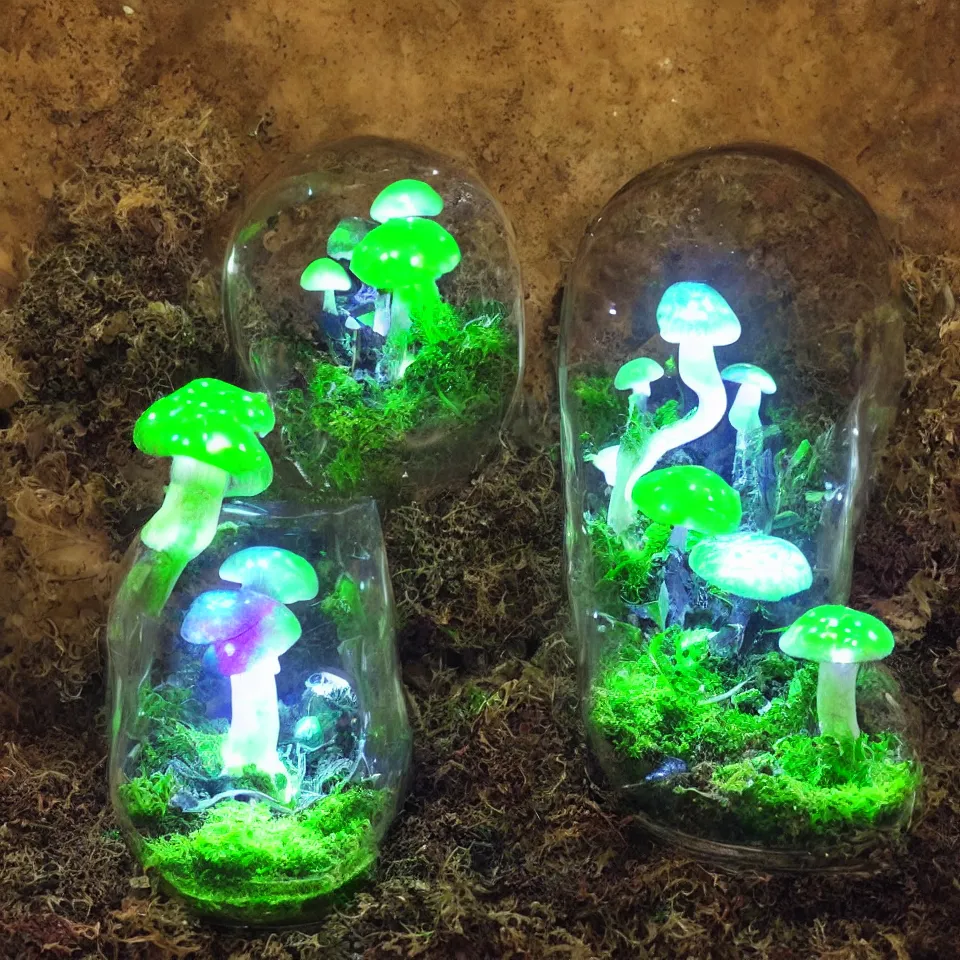 Prompt: a terrarium of bioluminescent magical mushroom with veins