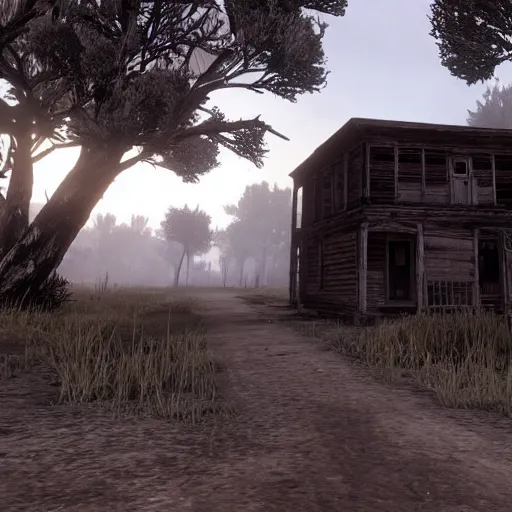 Image similar to red dead redemption style ghost town, skeletal remains, eerie