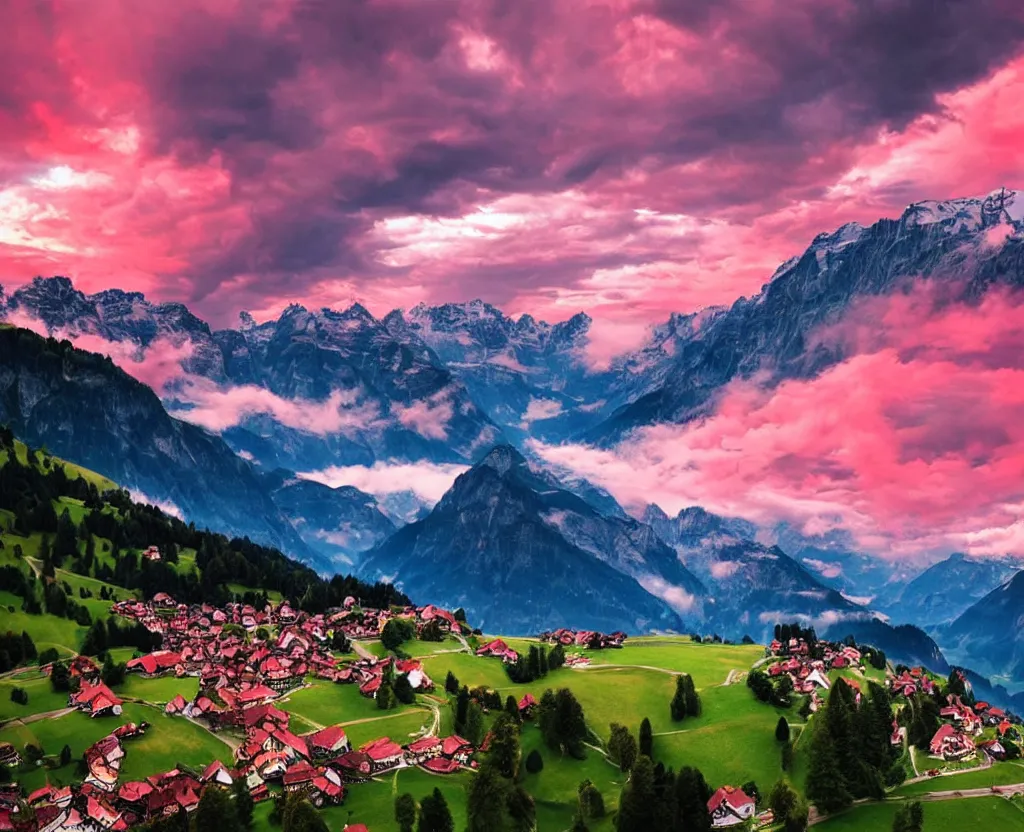 Image similar to Beautiful switzerland with red clouds