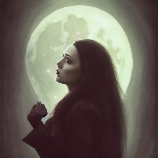 Image similar to Riveting Charismatic brunette female vampire, portrait, atmospheric lighting, painted, intricate, Highgate cemetery, volumetric lighting, beautiful, moon light, sharp focus, ultra detailed, by Leesha Hannigan, Ross Tran, Thierry Doizon, Kai Carpenter, Ignacio Fernández Ríos