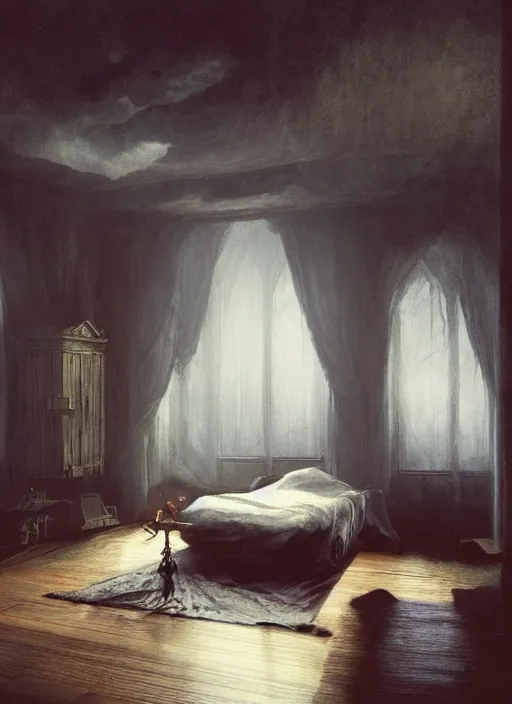 Image similar to a dreary bedroom, but floating above the bed are fantastical scenes of dreams, dreams invading mundane spaces, fantasy infiltrating reality, wisps of the impossible, 8k, ultradetailed, illustrated by Greg Rutkowski and Caspar David Friedrich.