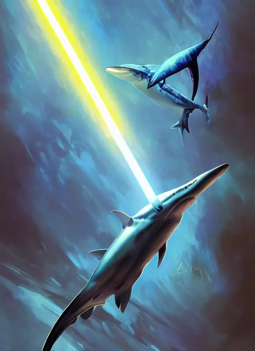 Prompt: blue thrasher shark holding a lightsaber, fantasy, wonderful masterpiece highly detailed, scifi, beautiful cinematic light deep focus, elegant, digital painting, smooth, sharp focus, golden ratio, dramatic illumination, ultra realistic, 8 k, art by ilya kuvshinov, artgerm, alphonse mucha, and greg rutkowski