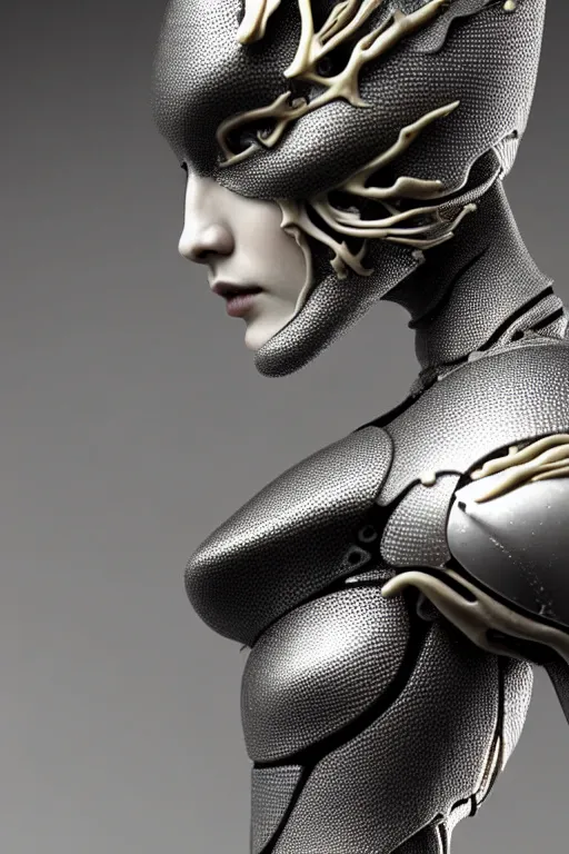 Image similar to monochrome close - up profile face, black background, beautiful young porcelain bio - mechanical vegetal - dragon - cyborg - female, white metallic armour, silver gold details, magnolia leaves and stems, roots, mandelbot fractal, 1 5 0 mm, beautiful natural soft rim light, elegant, hyper real, ultra detailed, octane render, 1 6 k