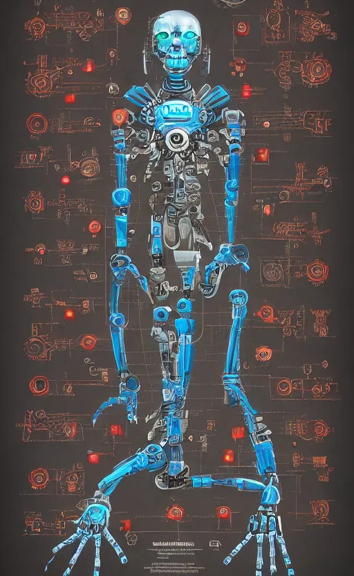 Image similar to anatomy of the terminator, robot, cyborg, t100, diagrams, mystical, intricate ornamental tower floral flourishes, technology meets fantasy, map, infographic, concept art, art station, style of wes anderson