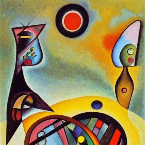 Image similar to Oil painting by Kandinsky. Two mechanical gods with animal faces having a conversation. Oil painting by Dali.