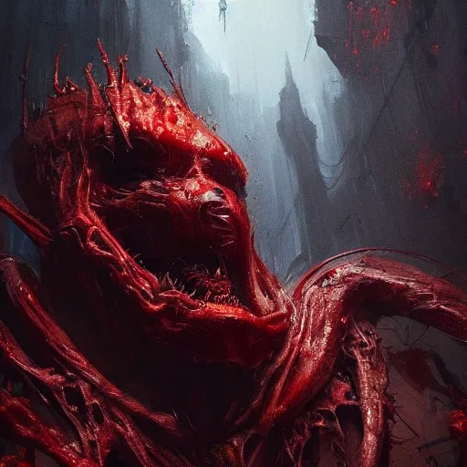 Image similar to concept art by greg rutkowski, a huge, hideous monster made of twisted flesh and reddish ooze, claustrophobic and futuristic, brutalistic environment, scifi, detailed and intricate environment, high technology, highly detailed portrait, digital painting, artstation, concept art, smooth, sharp foccus ilustration, artstation hq.