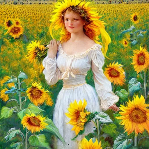 Image similar to a painting of a beautiful farm girl in a field of sunflowers, beautiful day, brushstrokes, by hans zatzka