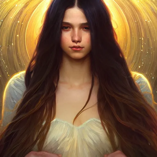 Image similar to girl with super long hair, hair becoming night stars, intricate, highly detailed, digital painting, artstation, concept art, smooth, sharp focus, illustration, unreal engine 5, 8 k, art by artgerm and greg rutkowski and alphonse mucha