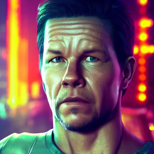 Prompt: mark wahlberg portrait, cyberpunk 2 0 7 7, cyberpunk, photorealistic, ultra detailed, neon, octane, bokeh, cinematic lighting, cyber, cyberpunk city, studio quality, feature, scars, cyberface, 8 k