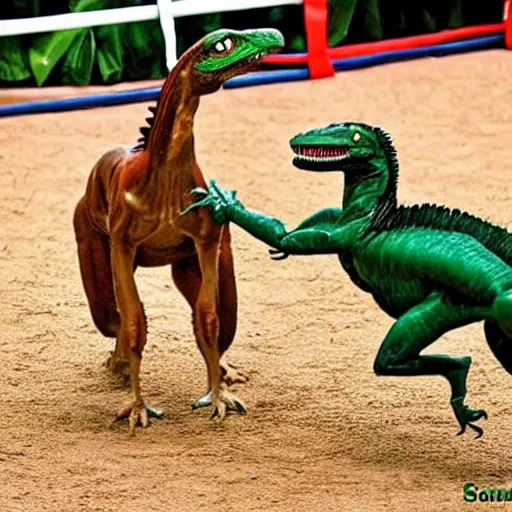 Prompt: a realistic photo of a green velociraptor boxing a brown horse