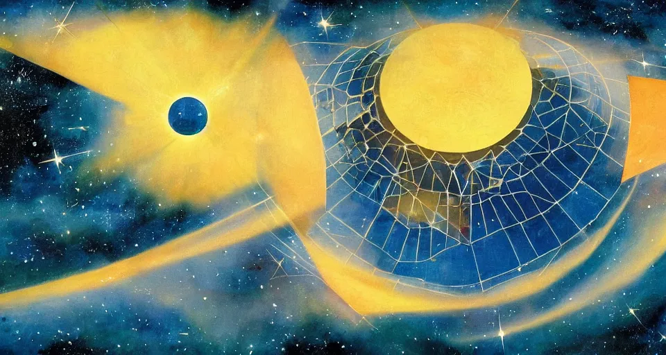 Prompt: hexagonal solar sail in space, blocking the sun, earth in the foreground, art deco painting