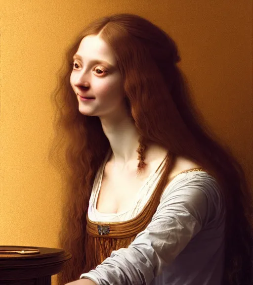 Prompt: portrait of a long - haired woman happily gloating sitting upon a table with heightened detail, poised, intense emotion, detailed facial expression, detailed surroundings, intricate, elegant, highly detailed, centered, digital painting, artstation, concept art, smooth, sharp focus, illustration, by ( leonardo da vinci ), wlop