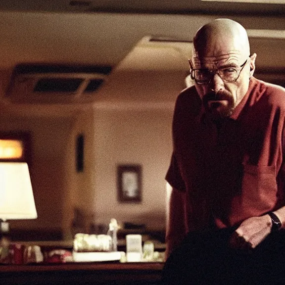 Image similar to Still of Walter White in The Sopranos at the Bada Bing talking with Tony Soprano, dark lighting