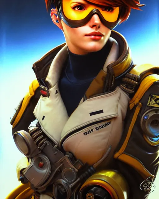 Image similar to tracer from overwatch, pilot jacket, character portrait, portrait, close up, highly detailed, intricate detail, amazing detail, sharp focus, vintage fantasy art, vintage sci - fi art, radiant light, caustics, by boris vallejo