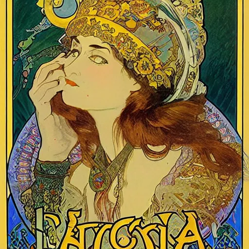 Image similar to a posters of Gypsy lady doing tarot card reading inside a gypsy caravan surrounded by cats in art nouveau from 1878, Alphonse Mucha, decorative panels, yellow paper, soft outline