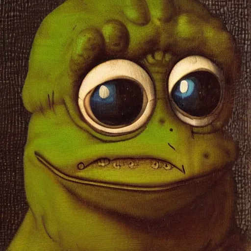 Image similar to oil painting of pepe the frog as aristotle by leonardo da vinci