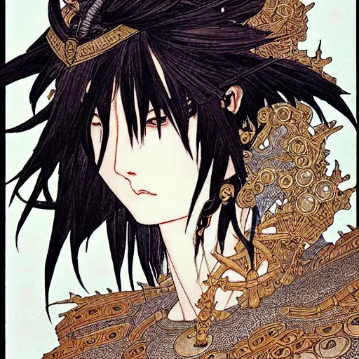 Image similar to prompt: human Fragile looking character soft light portrait face drawn by Takato Yamamoto, modernistic looking armor with wild hairstyle, inspired by Evangeleon anime, alchemical objects on the side, soft light, intricate detail, intricate ink and gouache painting detail, manga and anime 1990 high detail, manga 1990