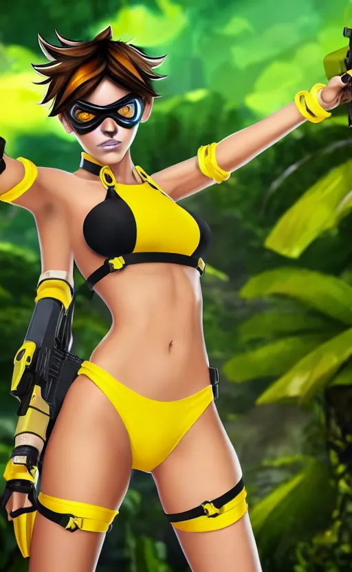Image similar to tracer game character, in yellow bikini, blonde hair, black eyes, hands free, against the background of the jungle full height
