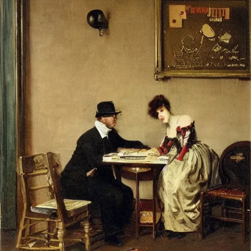 Image similar to man and woman solving an escape room riddle by alfred stevens