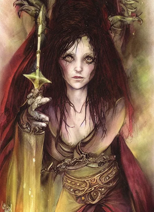 Prompt: portrait of young female sorceress of doom, beautiful! coherent! dungeons and dragons character, by brian froud, strong line, night color, high contrast