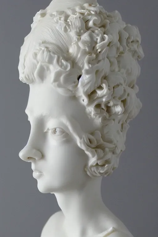 Image similar to full head and shoulders, beautiful female porcelain sculpture, baroque, all white features on a white background, delicate facial features, white eyes, white lashes, detailed white 3 d giant poppies on the head
